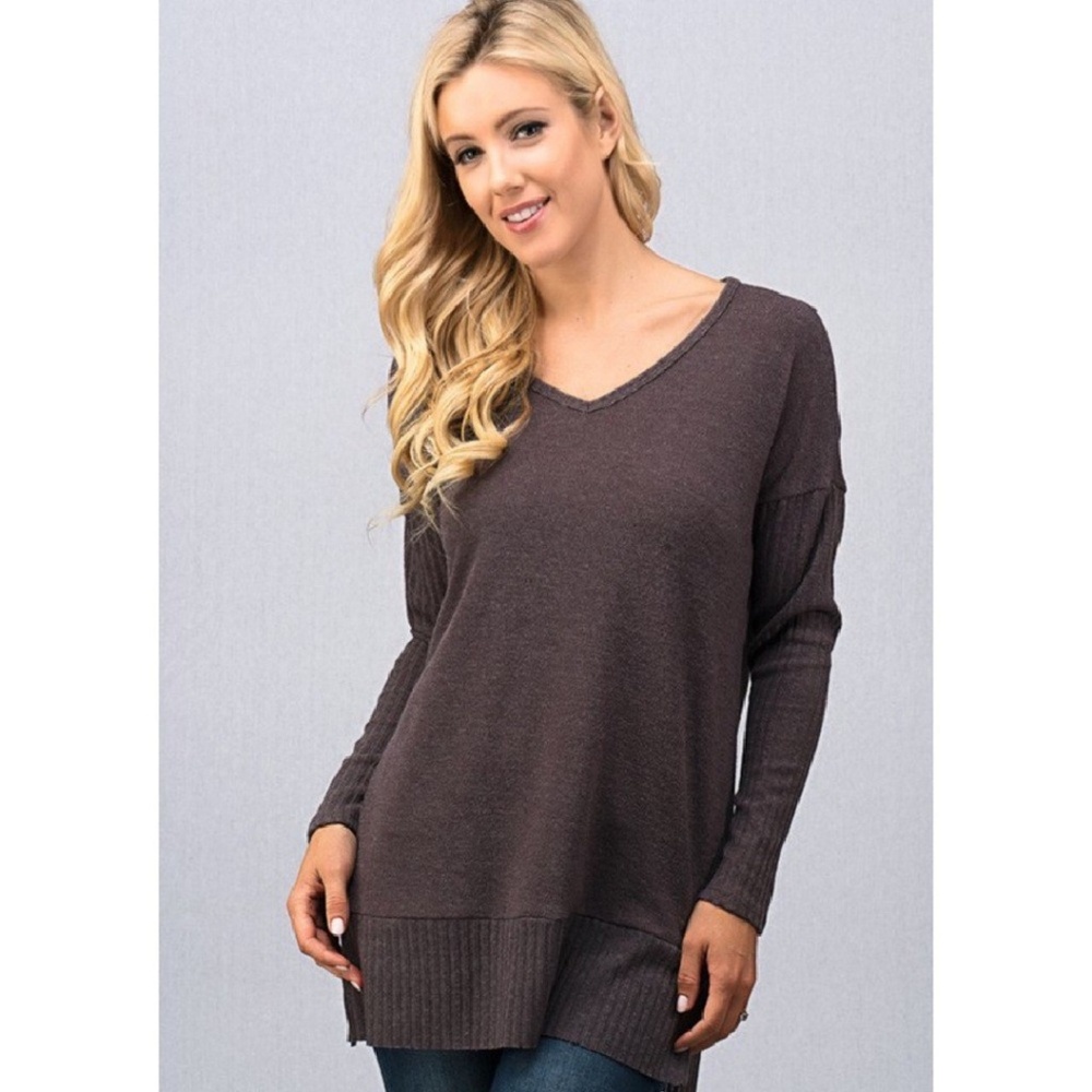 Mocha Ribbed Hem V Neck Sweater